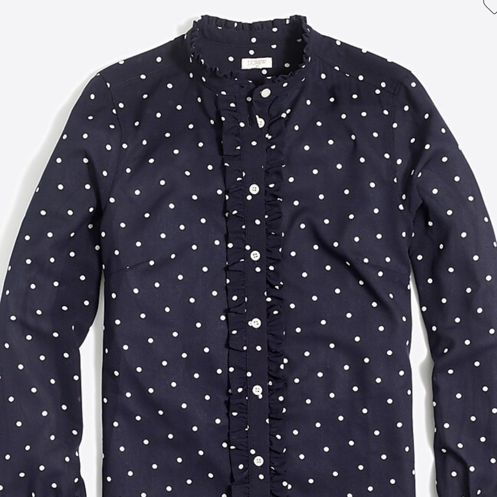 J. Crew Navy Ruffle Front Polka Dot Blouse